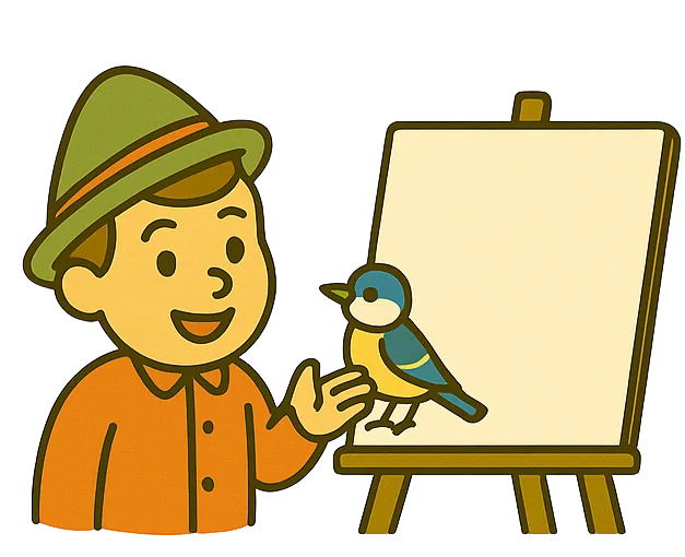 Ilustracija logopedskih storitev: deček in ptiček pred slikarskim stojalom