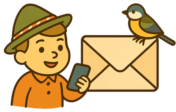 Ilustracija za kontakt z logopedinjo: deček s telefonom, pisemska ovojnica in ptiček